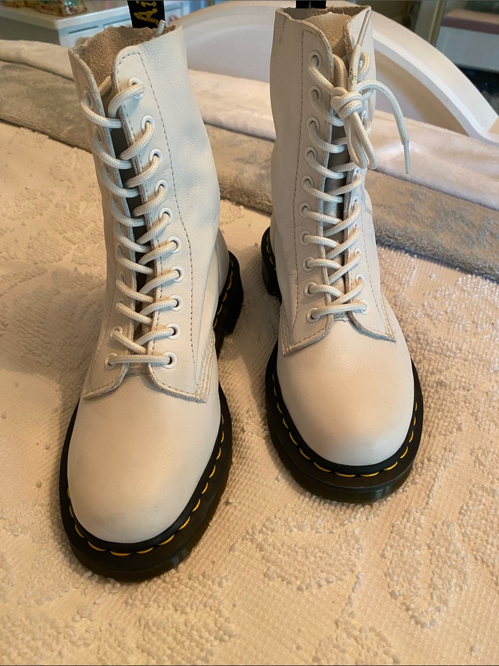 Dr. Martens White Leather 10 Eye Lace-Up Boots with Yellow Stitching